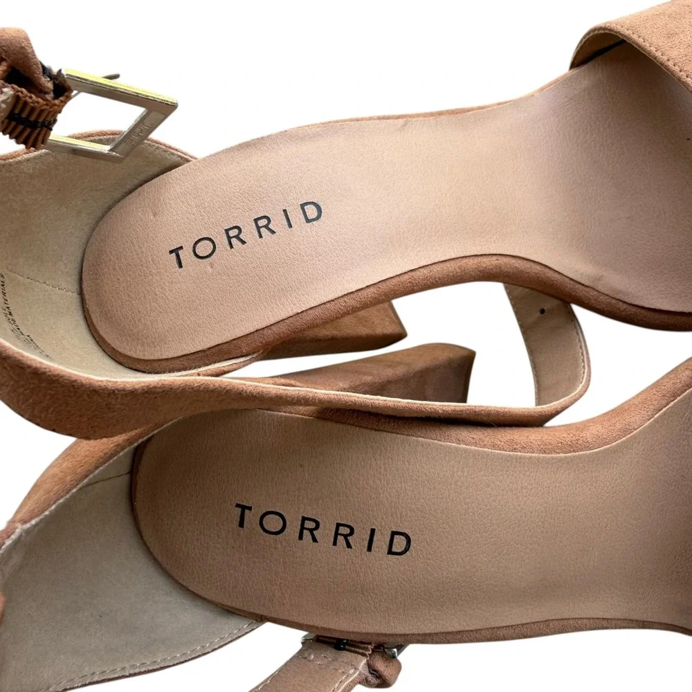 Torrid Women 9WW Camel Brown Faux Suede Two Strap Tapered Heel Sandal Minimalist